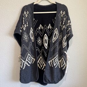 Boho Gray Embroidered Geometric Kimono Cardigan Western Charcoal White Knit